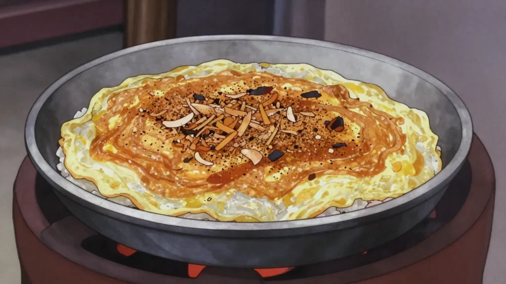Kerak Telor, betawi glutinous-rice omelette with spiced coconut, Jakarta fairs, Indonesia street food, anime style