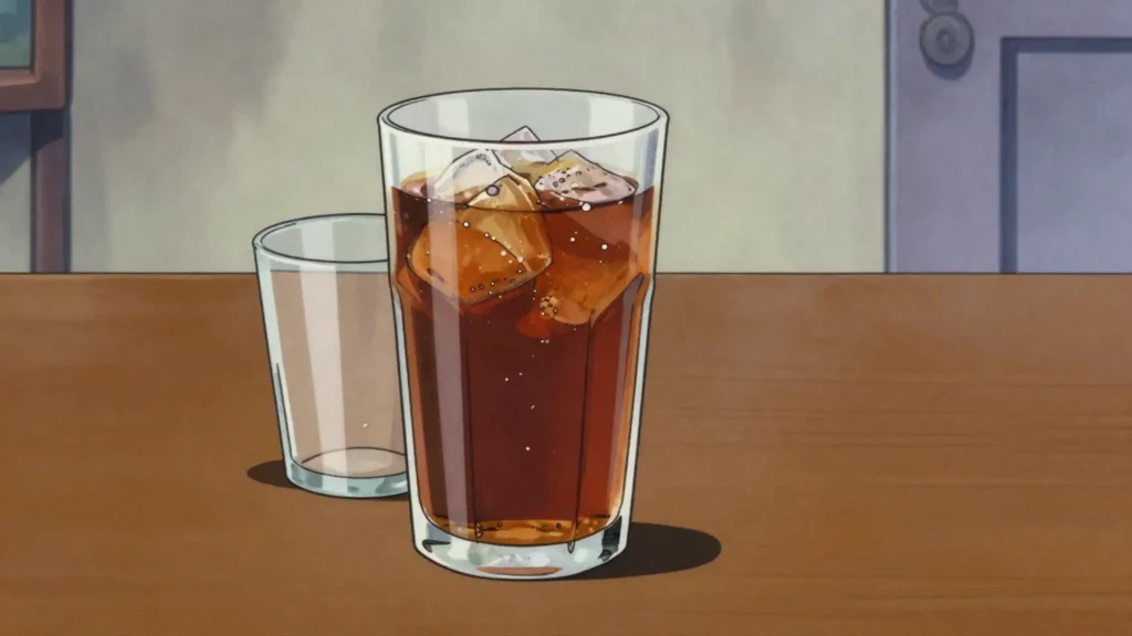 Keribo, sweet malted barley drink, dark and lightly fizzy but unfermented, Ethiopia drink, anime style