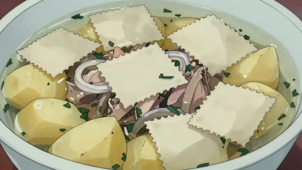 Kesme, hand-cut noodle soup with lamb, potato and herbs, Kyrgyzstan soup & stew, anime style