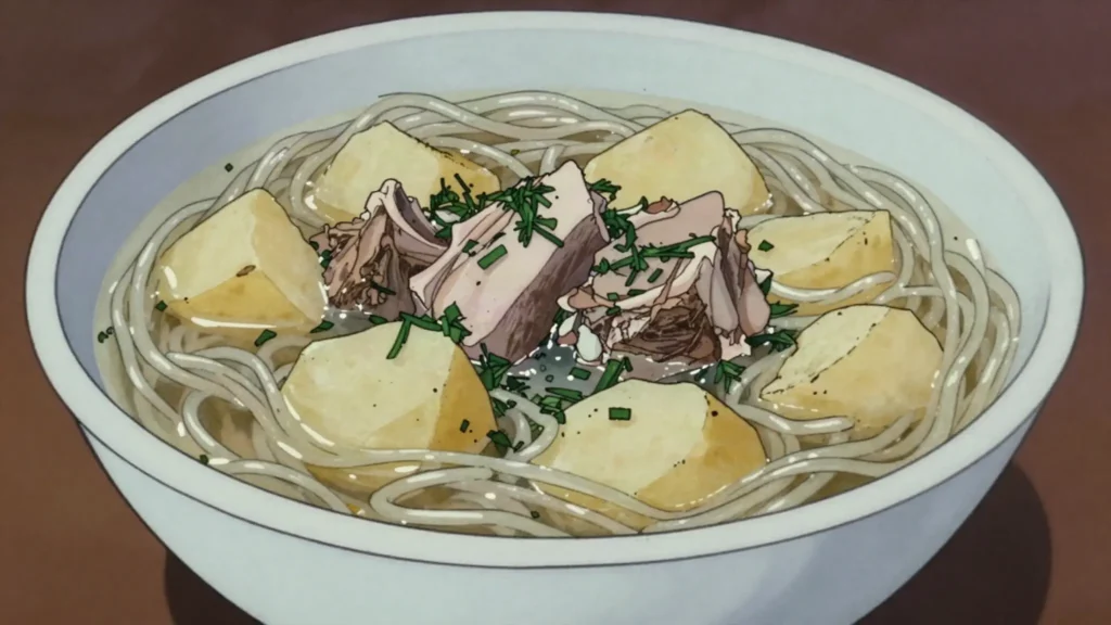 Kespe, hand-cut noodle soup with lamb, potato and dill, Kazakhstan soup & stew, anime style