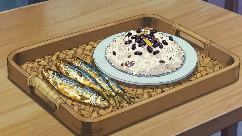 Kéthiakh, sardinella salted, smoked and dried, flaked into rice and bean dishes, Senegal charcuterie & cured, anime style