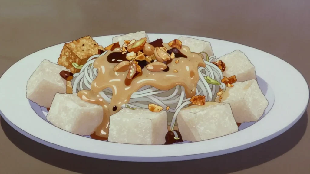 Ketoprak, rice cake, tofu, vermicelli and bean sprouts under thick peanut and garlic, Indonesia street food, anime style