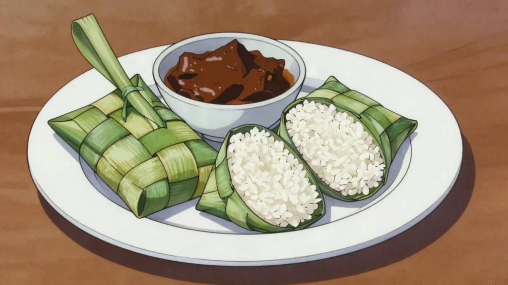 Ketupat, rice cakes woven in palm leaves, served with rendang at Raya, Malaysia salad & side, anime style