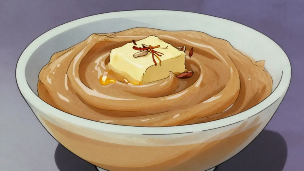 Khabees, toasted flour beaten with ghee, sugar, saffron and cardamom into a soft paste, Kuwait dessert, anime style