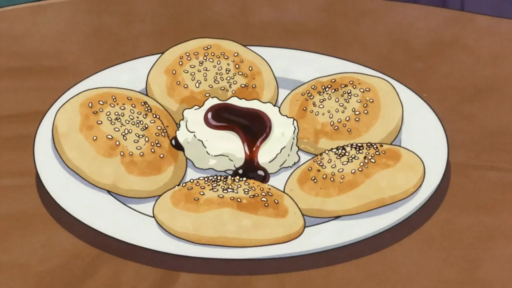 Khameer, soft slightly sweet yeasted bread topped with sesame, split and filled, Qatar bread & pastry, anime style