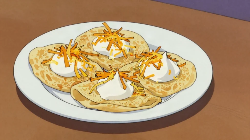 Khanom Buang, crisp folded rice-flour taco filled with meringue and golden egg threads or, Thailand dessert, anime style