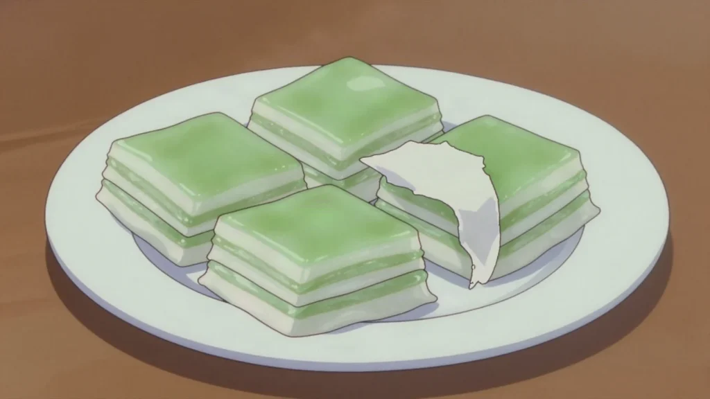 Khanom Chan, steamed layers of coconut milk and tapioca flour, peeled apart one by one, Thailand dessert, anime style