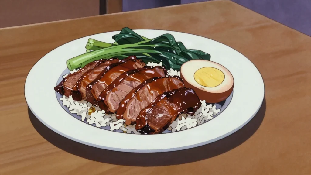 Khao Kha Moo, pork leg braised in soy and five spice, sliced over rice with pickled greens, Thailand street food, anime style