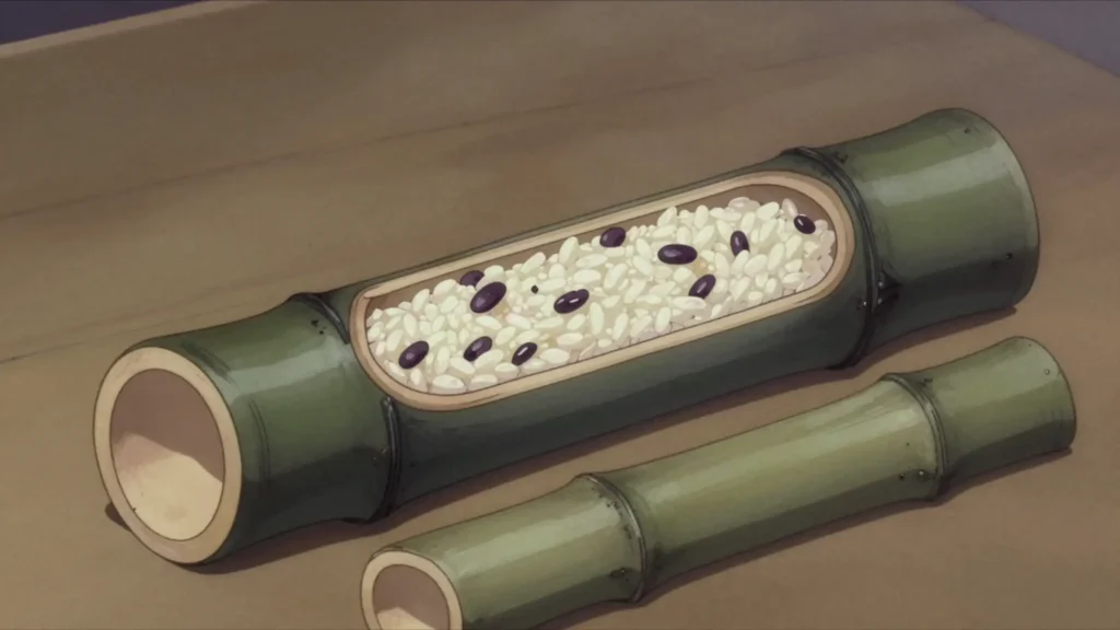 Khao Lam, sticky rice, coconut and black beans roasted inside bamboo, Laos snack, anime style