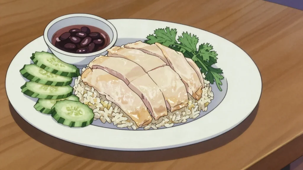 Khao Man Gai, poached chicken on garlic rice with fermented-bean ginger sauce, Thailand main, anime style