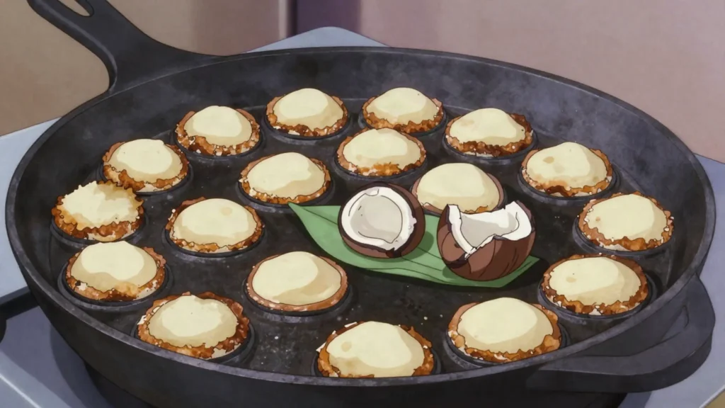 Khao Nom Kok, coconut rice batter cooked in a dimpled pan into soft-centred half spheres, Laos street food, anime style