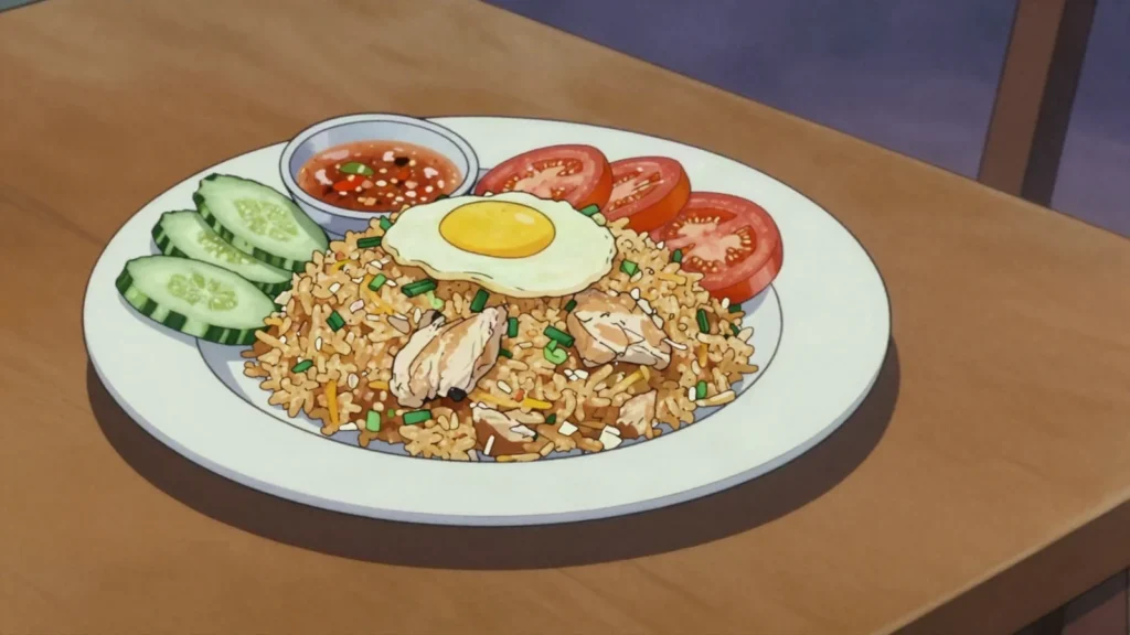 Khao Pad, thai fried rice with egg, served with lime and cucumber, Thailand main, anime style