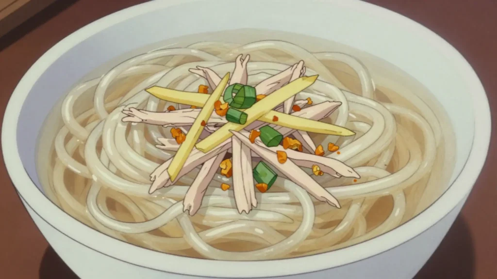 Khao Piak Sen, chewy tapioca-rice noodles in gingery chicken broth, Laos soup & stew, anime style