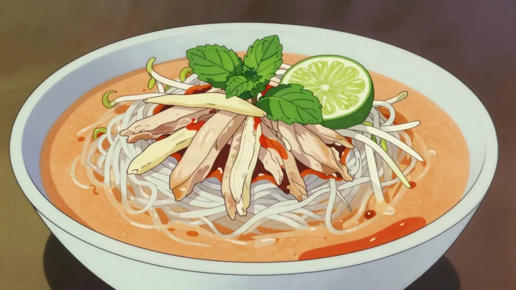 Khao Poon, rice vermicelli in coconut or fish broth with pounded meat, herbs and banana flower, Laos soup & stew, anime style