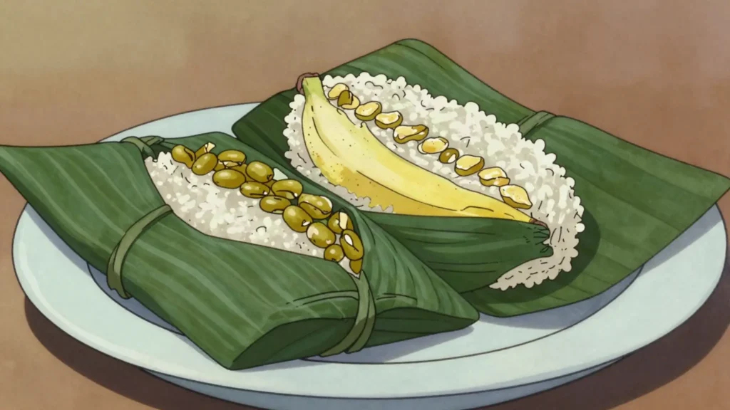 Khao Tom Mat, sticky rice with banana and mung bean, wrapped in leaf and steamed, Laos snack, anime style