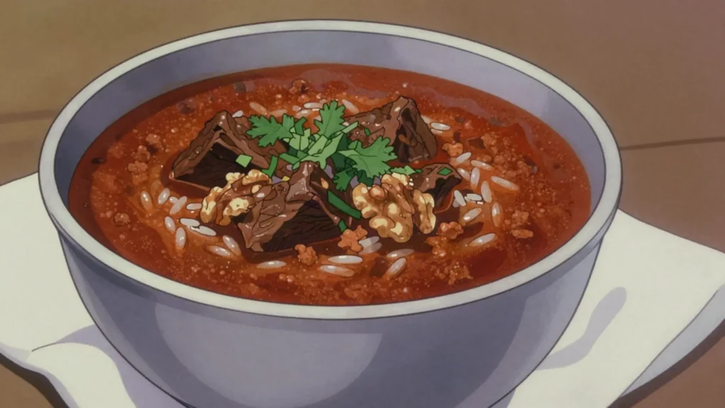 Kharcho, beef soup with rice, sour plum and walnuts, Georgia soup & stew, anime style