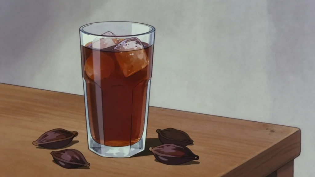 Kharroub, dark chilled carob infusion, sweet and faintly bitter, poured in Ramadan, Palestine drink, anime style