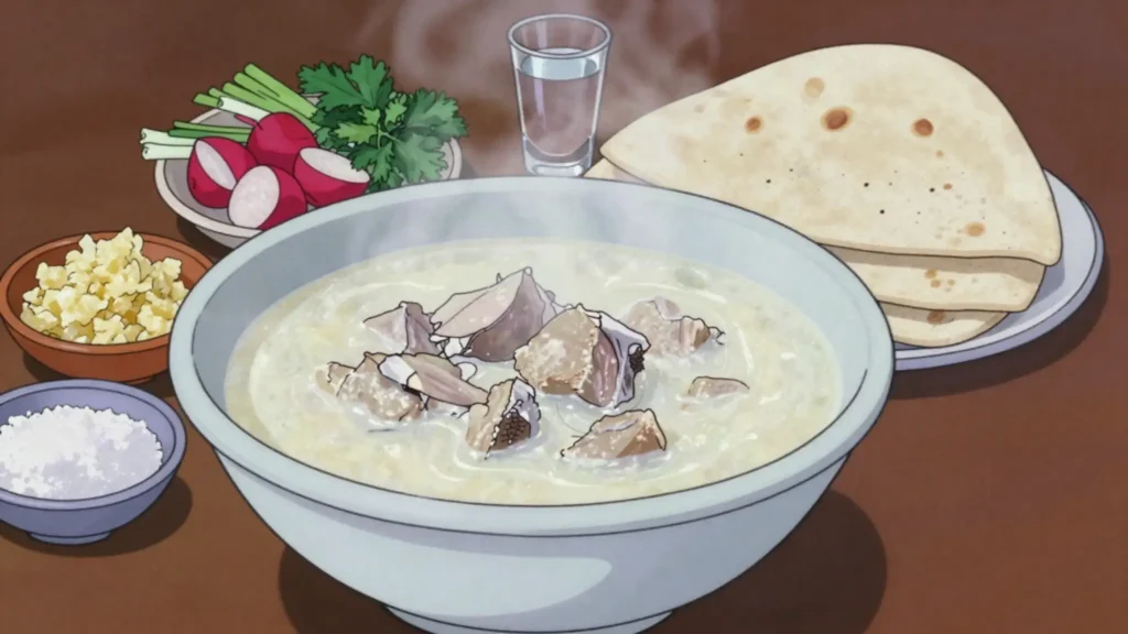 Khash, winter dawn soup of beef feet with garlic, dried lavash, vodka, Armenia soup & stew, anime style