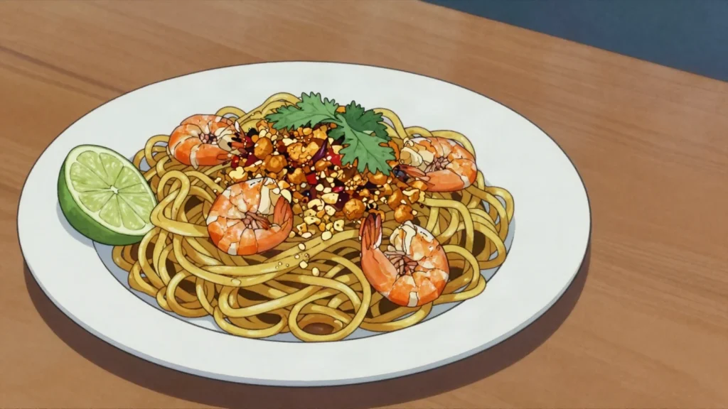Khauk Swe Thoke, wheat noodles tossed cold with dried shrimp, chickpea flour, lime and oil, Myanmar salad & side, anime style