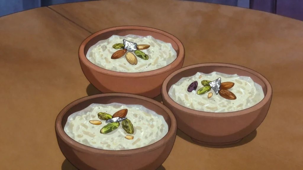 Kheer, slow-cooked rice pudding with cardamom, nuts and reduced milk, Pakistan dessert, anime style