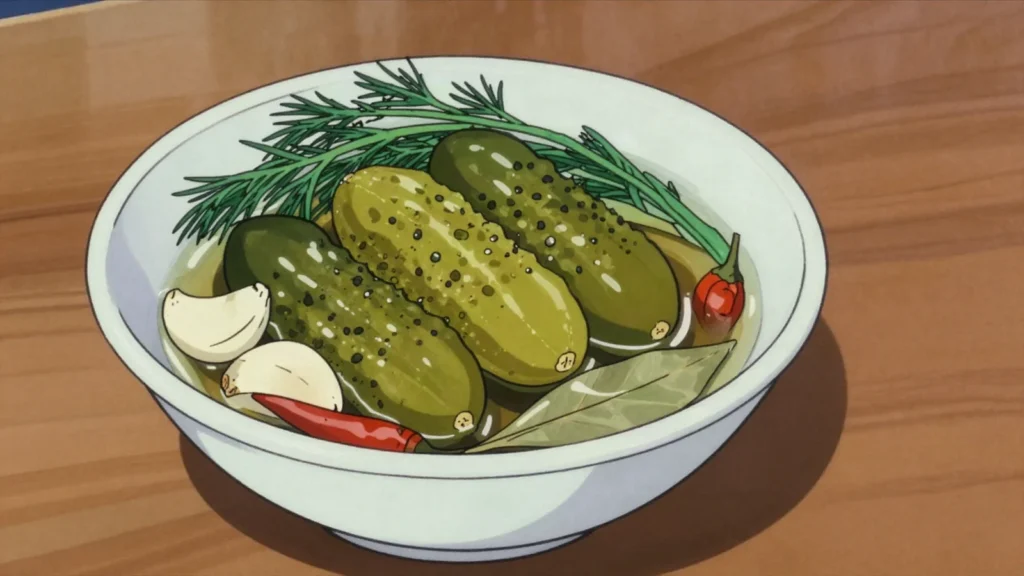 Khiar shoor, small cucumbers brined with tarragon and garlic, salty rather than sour, Iran fermented & pickled, anime style