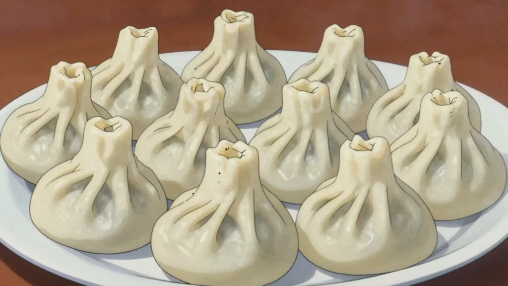 Khinkali, twisted soup dumplings of spiced meat, slurped by hand, Georgia main, anime style