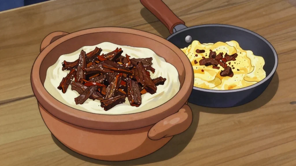Khlia, spiced dried beef kept in fat, stirred into eggs, stews and semolina, Algeria charcuterie & cured, anime style