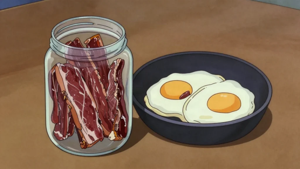 Khlii, spiced beef strips sun-dried then confited in fat and kept in jars, Morocco charcuterie & cured, anime style