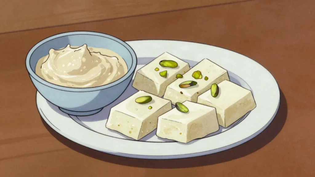 Khoa, milk reduced over fire to a dense solid, the base of most Indian sweets, India cheese & dairy, anime style