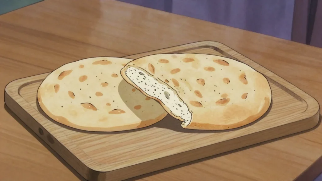 Khobz, round crusty semolina loaves accompanying every meal, often baked communally, Morocco bread & pastry, anime style