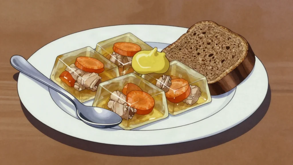 Kholodets, jellied pork aspic with mustard or horseradish, Ukraine snack, anime style