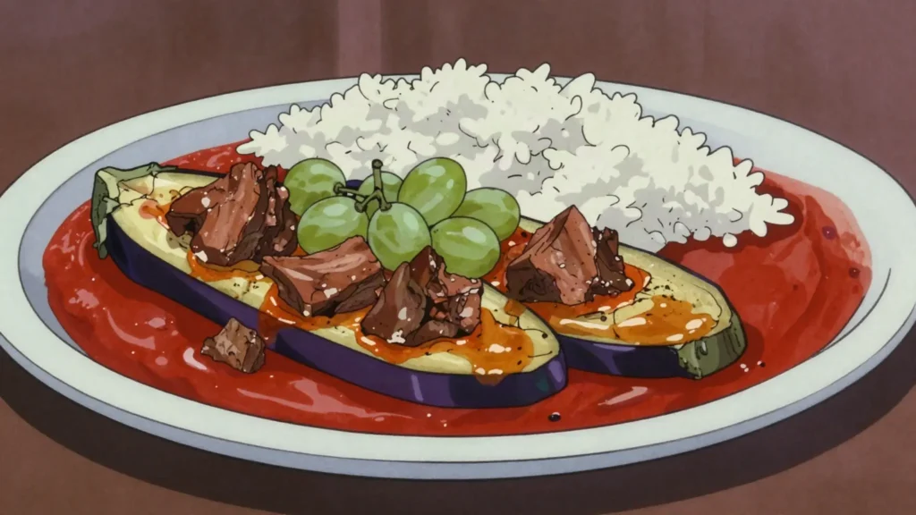 Khoresh bademjan, lamb and aubergine stew soured with unripe grapes or lemon, Iran soup & stew, anime style