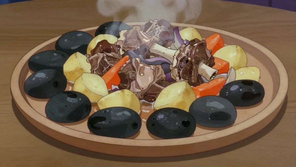 Khorkhog, mutton slow-cooked in a sealed pot with fire-heated stones and vegetables, Mongolia main, anime style