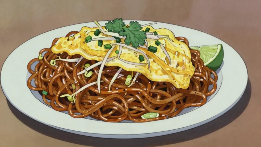 Khua Mee, rice noodles fried dark with palm sugar and soy, topped with egg strips, Laos main, anime style