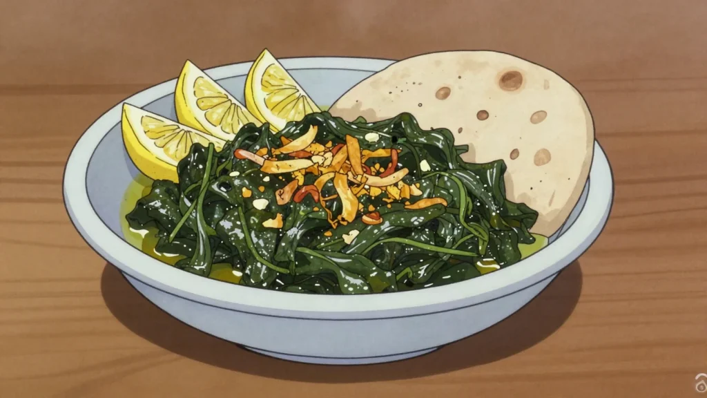Khubeizeh, wild mallow leaves stewed with onion and olive oil, eaten with flatbread, Palestine main, anime style