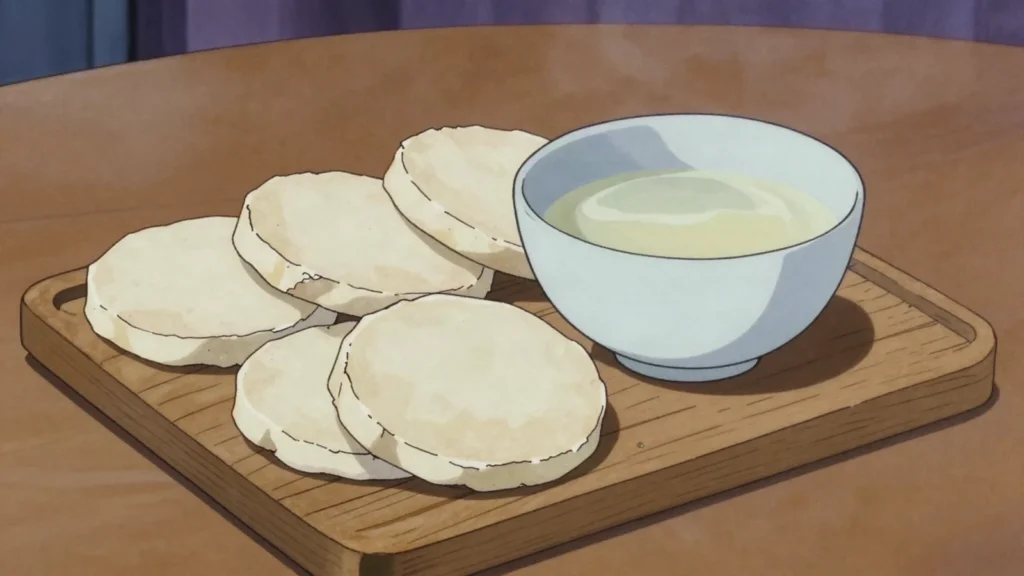 Khuruud, flat dried curd rounds, hard and tangy; nibbled with milk tea, Mongolia cheese & dairy, anime style