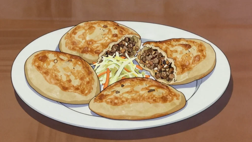 Khuushuur, deep-fried flat pastries stuffed with seasoned mutton, Naadam festival favorite, Mongolia street food, anime style