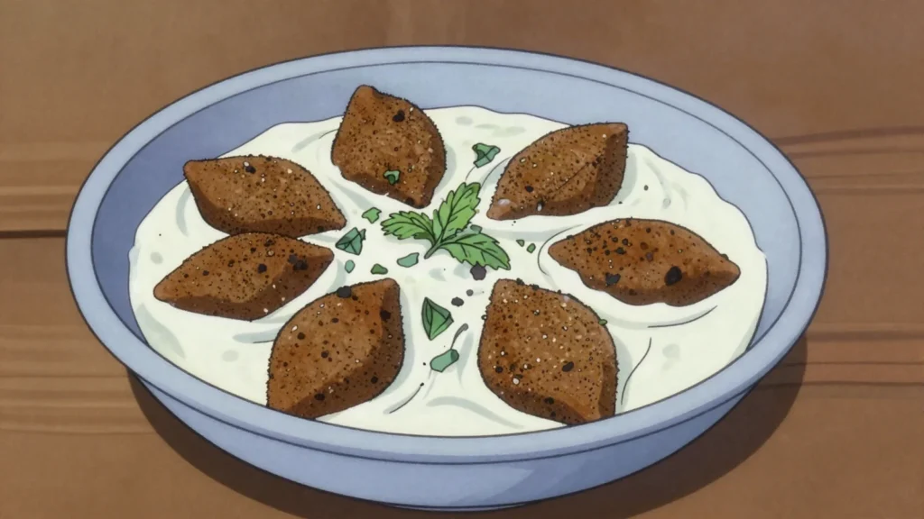 Kibbeh labaniyeh, bulgur and meat torpedoes simmered in hot yoghurt sauce with dried mint, Syria soup & stew, anime style