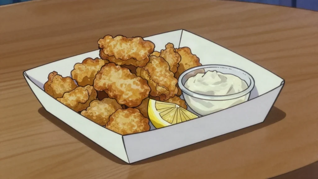 Kibbeling, battered fried cod nuggets with garlic-remoulade sauce, Netherlands street food, anime style