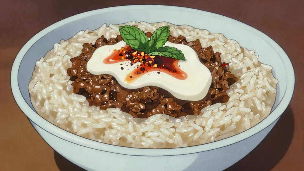 Kichiri Quroot, mung bean and rice porridge topped with qurut sauce and minced meat, Afghanistan main, anime style
