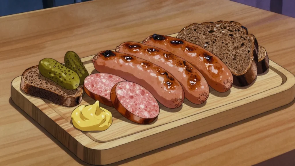 Kielbasa, garlicky smoked sausages, grilled at bonfires or with bread, Poland charcuterie & cured, anime style