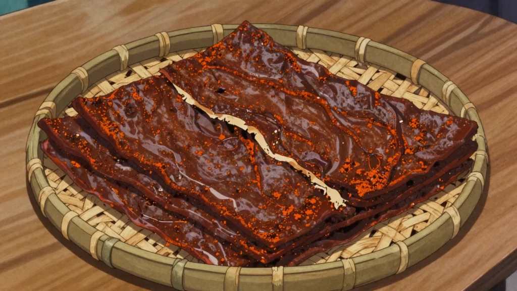 Kilishi, beef sliced paper thin, sun-dried, coated in spiced groundnut paste and, Cameroon charcuterie & cured, anime style