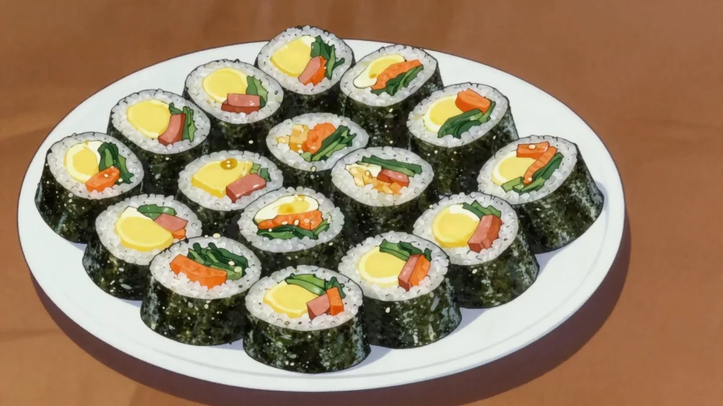 Kimbap, seaweed rice rolls with pickled radish, egg and vegetables, picnic staple, South Korea snack, anime style