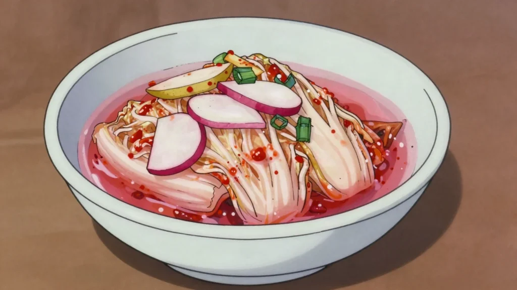 Kimchi, northern-style fermented cabbage, milder and juicier than southern, North Korea fermented & pickled, anime style