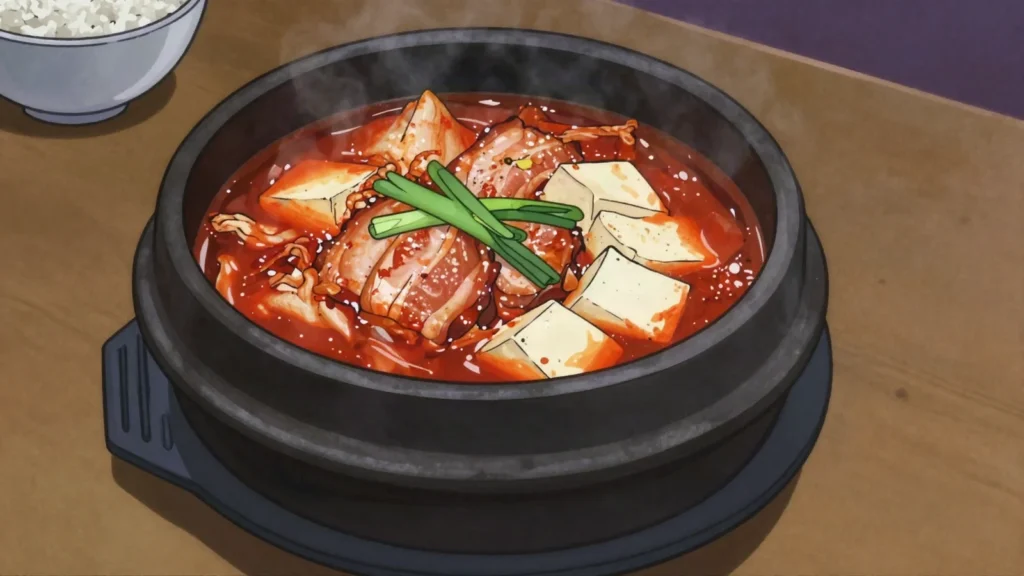 Kimchi Jjigae, bubbling stew of aged kimchi, pork and tofu, South Korea soup & stew, anime style
