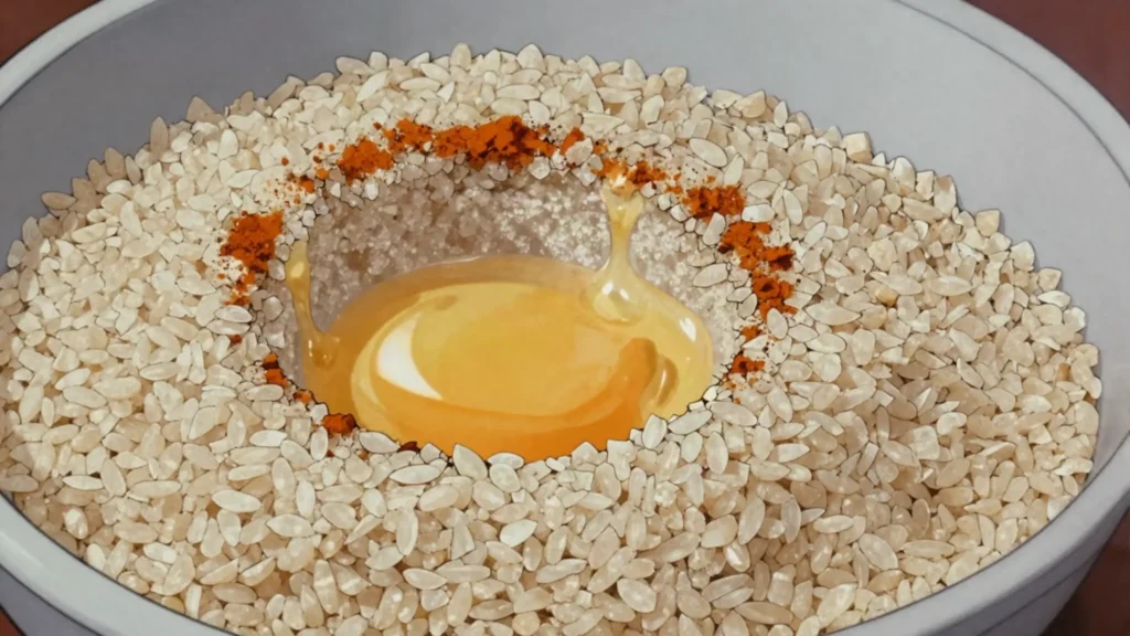 Kinche, cracked wheat or barley boiled plain and dressed with spiced butter, Ethiopia breakfast, anime style