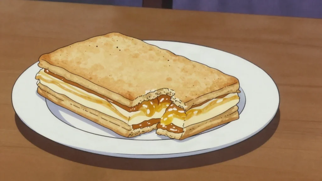 King Kong, layered biscuit slab filled with manjar blanco, pineapple and peanut sweets, Peru dessert, anime style