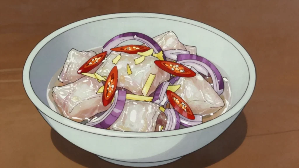 Kinilaw, raw fish cured in vinegar, calamansi, ginger and coconut, Philippines salad & side, anime style