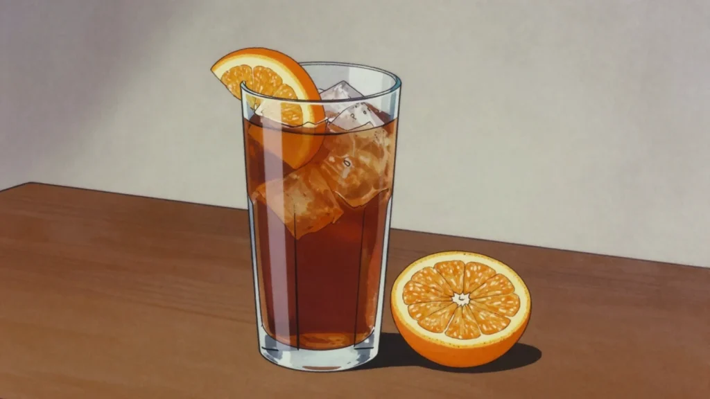 Kinnie, bittersweet fizzy drink of bitter oranges, aromatic herbs, Malta drink, anime style