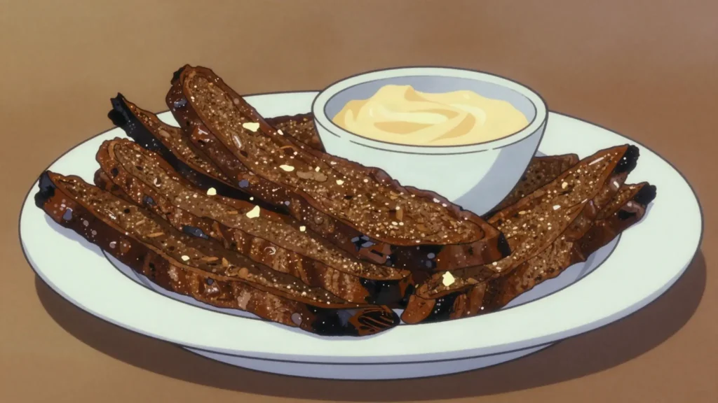 Ķiploku grauzdiņi, fried strips of dark rye bread rubbed with garlic, served with cheese sauce, Latvia snack, anime style